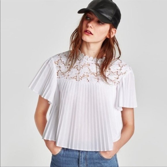 Zara Pleated Lace Top Blouse Babydoll Semi Cropped B - Picture 13 of 13